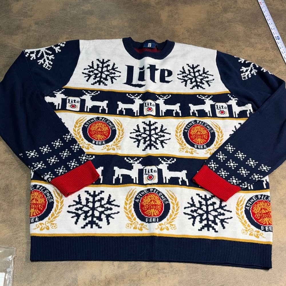 Miller Lite Holiday Sweater Mens XL Blue White Reindeer Snowflake Beer Graphic